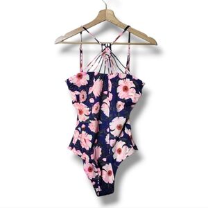 Tori Praver Komodo Floral One Piece Swimsuit Open Back Braided Front Halter Sz L
